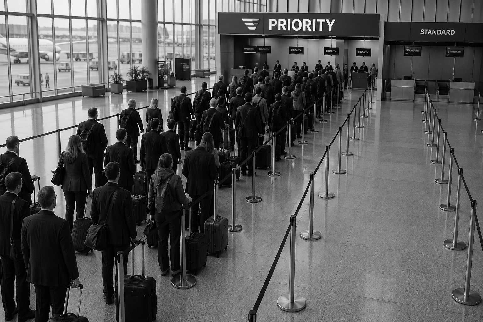 Long line of people waiting at priority counter.